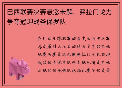 巴西联赛决赛悬念未解，弗拉门戈力争夺冠迎战圣保罗队